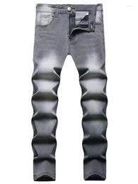 Men's Jeans Korean Grey Men Mid Waist Retro Zipper Stacked Narrow Leg Trousers Youth Male Trend Wash Denim Goth Pants