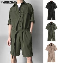 INCERUN 2019 Men Jumpsuit Romper Half Sleeve Belt Pockets Streetwear Casual Pants Men Cargo Overalls Playsuit Harajuku Plus Size L7950296