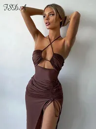 Casual Dresses FSDA Halter Neck Brown Summer Bodycon Dress Women Sleeveless Hollow Out Y2K Black 2024 Midi Backless Sexy Beach Party