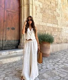 Women's Two Piece Pants 2024 Summer Blazer Vest 2 Pieces Sets Women V Neck Sleeveless Waist High Wide Leg Pant Suit Elegant Office Ladies