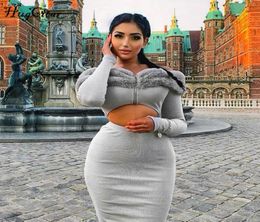 long sleeve slash neck sexy crop tops skirt 2 pieces set fur zippers autumn winter women party elegant outfits6525745