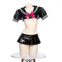 Bras Sets GUUOAT Anime Girl Cosplay Student Uniforms Back Hollowed Out Black Patent Leather Chest Flower Seductive Lingerie Sexy Dress