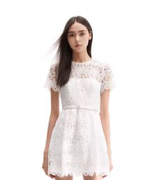 SP Home 2024 Spring/Summer Heavy Industry Hollow Flower Water soluble Embroidery Round Neck Short Sleeve Dress