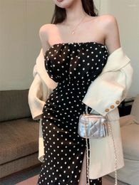 Casual Dresses Wave Point Long Slit Dress Women 2024 Summer Sexy Midi Female France Fashion Party Sleeveless