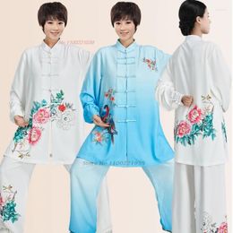 Ethnic Clothing 2024 Chinese Vintage Tai Chi Martial Arts Wushu Training Exercise Performance Uniform Flower Print Tops Pants