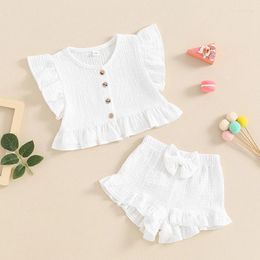Clothing Sets Toddler Baby Girl Summer Outfit Solid Color Ruffle Short Sleeve T-shirt Button Tops Shorts With Ruffled Hem 2Pcs