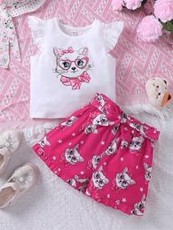 Clothing Sets Girls' Summer Cute Kitten Print Vest Shorts Casual Two-piece Set