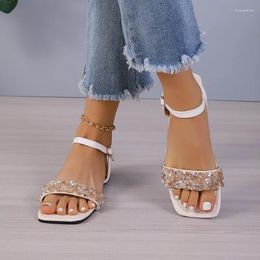 Sandals Shoes For Women 2024 Buckle Strap Women's Fashion Sequins Office And Career Square Toe Flat Zapatos