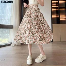 Skirts Vintage Floral Print A-line Pleated Long Summer Women 2024 Korean Style Y2k Skirt Streetwear Elastic High Waist