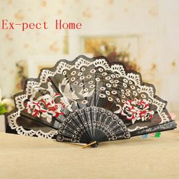 Party Favor 100pcs Spanish Victorian Hand Fan Floral Fabric Embroidered Peacock Tail Dance Fans Supplies For Gift