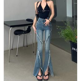 Women's Jeans Denim Flare Pants Women's Vintage Slit Edged Side Lace-up Women Summer Slim Y2K Fashion High-waisted Long Trousers Female