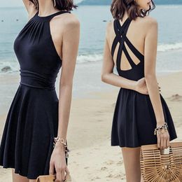 Summer Solid High Waist Sexy Hanging Hang Your Neck Swimwear Slim Fit Open Back Elegant One Piece Dress Beach Bath Clothing
