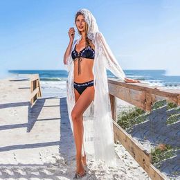 Hooded Sheer Lace Beach Cover Up Long Cardigan Women Swimwear Dress Kaftan Swimsuit Cover-Ups Bathing Suit Beachwear Tunic