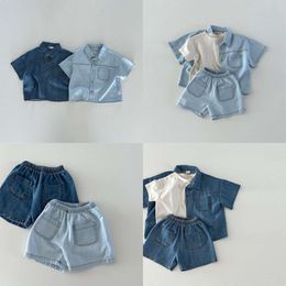 6856 Koreanska barnkläder Set 2023 Summer New Boy's Denim kortärmad skjorta +Shorts Casual Girl's Two Piece Suit L2405 L2405