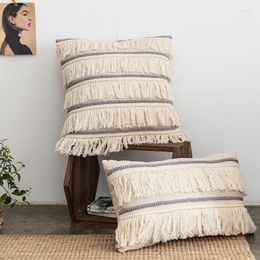 Pillow Beige Cover Tassels Fringe Grey Cotton Linen Embroidery 30x50cm/45x45cm For Sofa Bed Chair Home Decorative