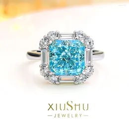 Cluster Rings Fashionable Artificial Aquamarine 925 Sterling Silver Square Ring Inlaid With High Carbon Diamond Style