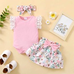 Clothing Sets 0-18 Months Newborn Baby Girl Summer Daily Clothes Set Fly Sleeve Romper Top + Flowers Skirt with Headband Lovely 3PCS Outfit Y240520D7TP