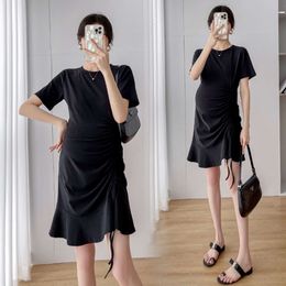 Pregnant Women Summer Cotton Draw String French Style Dress L2405