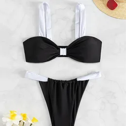 Women's Swimwear Thong Swimsuit Female Bow Front Two Piece Micro Bikini Set High Cut Brazilian Halter Beach Wear 2024