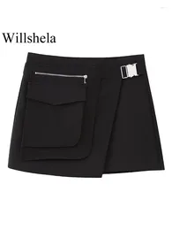 Skirts Women Fashion With Pockets Black Back Zipper Asymmetrical Mini Skirt Vintage Mid Waist Female Chic Lady