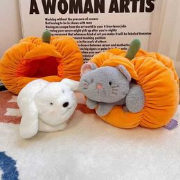 Stuffed Plush Animals Kaii Cat Kennel Plush Toy Stuffed Soft Dog Doll Comfortable Sleeping House Pumpkin Nest Pet Halloween Decoration Children Gift