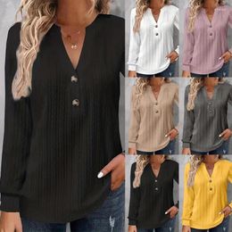 Women's T Shirts V Neck Long Sleeve T-shirt Spring Solid Colour Striped Slim Pullover Top Daily Casual Basic Regular Blouse Streetwear