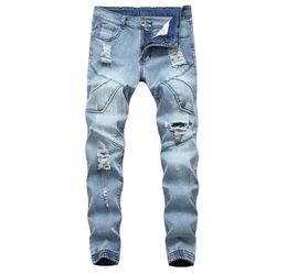 Men Biker Jeans Hole Ripped Light Blue Color Bunch Of Foot Slim Fit All Season Casual Style Skinny Pants9693842