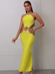 Women Celebrity Sexy Backless Halter Beading Maxi Long Lemon Yellow Bandage Dress Elegant Evening Club Party 240513