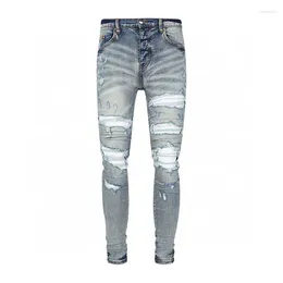 Men's Jeans Designer Street Fashion Slim Fit Retro Blue Elastic Split White Patched Hip Hop Pants