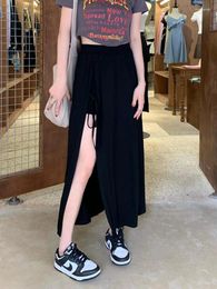 Skirts 2024 Summer Korean Style Ins Casual Design Black Trousers Slit Skirt Ladies See Through Womens