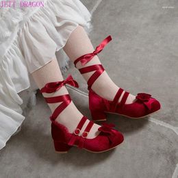 Dress Shoes 2024 Spring Autumn Women Pumps Lolita Platform High Heels Red Lace Mary Jane Bow Block Heel Ladies Party