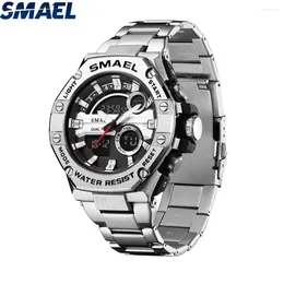 Wristwatches SMAEL 8090 Men's Waterproof Alarm Clock Multifunctional Alloy Steel Strip Dual Display Electronic Watch