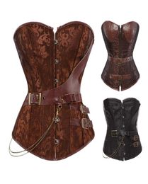 Women Vintage Steampunk Gothic Jacquard Overbust Corset Top with Chains and PU Leather Belts Accent S6XL Plus Size Brown Black1942910