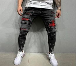 Men Painted Stretch Skinny Jeans Slim Fit Ripped Distressed Pleated Knee Patch Denim Pants Brand casual trousers for men 2204084551286