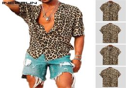 Summer Short Sleeve Leopard Print Shirt Men Lapel Neck Loose Button Up Blouse Breathable Streetwear Sexy Shirts Men INCERUN 2206119133132