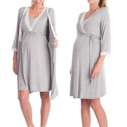 Maternity Robe Nightgown Pregnant Women Nursing Nightwear Lace Sleepwear With Adjustable Belt Pama Dress Pregnancy Clothes L2405