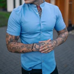 Men's Casual Shirts 2024 Trend Solid Colour Stand Collar Shirt Fashion Cardigan Short Sleeve Summer Muscle