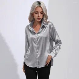 Women's Blouses Lightweight Blouse Elegant Satin Office Shirt For Women Long Sleeve Lapel Top Solid Color Loose Fit Spring Summer