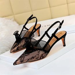 Sandals Summer Fashion Mesh Pumps Pointed Toe Black Lace Hollow Ankle Strap High Heels Stiletto Dress Shoes Women