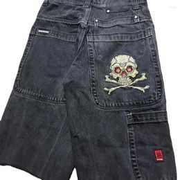 Men's Jeans Harajuku Y2K American Shorts Hip-hop Skull Embroidered Loose Denim Retro Gothic Wide-leg Five-quarter Pants Street