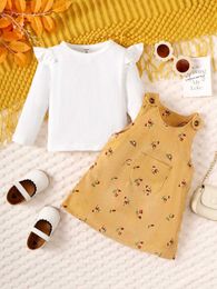 Clothing Sets Spring And Autumn Girls Baby Long Sleeve Personality Round Neck Blouse Flower Print Pocket Yellow Sleeveless Dress Set Y2405200254