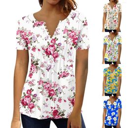 Women's T Shirts Summer Casual T-Shirt Fashion Flower And Plant Print Tunic 2024 Loose Short Sleeved Retro Button V-Neck Camisetas