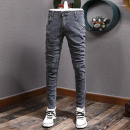 Men's Jeans Fashion Designer Men Retro Dark Grey Stretch Skinny Fit Ripped Spliced Vintage Denim Pencil Pants