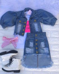Clothing Sets FOCUSNORM 1-6Y Fashion Infant Baby Girls Clothes Denim Blue Long Puff Sleeve Single Breasted Jacket Tops Pencil Skirts 2pcs