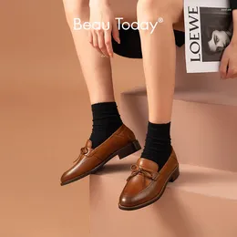 Casual Shoes BeauToday Loafers Women Genuine Cow Leather Waxing Round Toe Bowknot Slip On Spring Autumn Ladies Flat Handmade 27411
