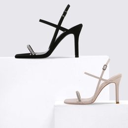 Designer 2024 New Summer Slim Heel Sandals for Womens Black Water Diamond Buckle with Korean Internet Celebrity High Heels Shoes