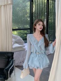 Work Dresses GkyocQ Korean Fashion Women Two Piece Shorts Sets Sexy Girls V-neck Flare Sleeve Chiffon Shirt Wide Leg Chain