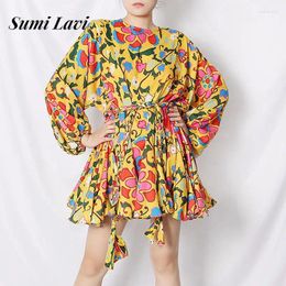 Casual Dresses Elegant O-neck Lantern Long Sleeve Short Dress 2024 Fashion Pleated Loose A-Line Women Pattern Print Lace-up