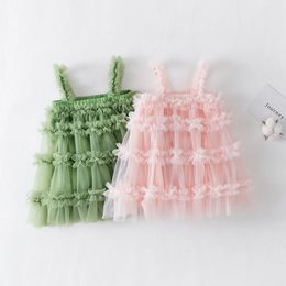 Cute Dresses For Girls Solid Colour Fluffy Mesh Halter Cake Dress Holiday Party Girls Clothing Sweet Princess Pettiskirt 240520