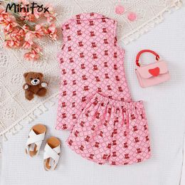 Clothing Sets MiniFox Kids Clothes Girls Blazer Sets Pink Bears Coat+Halter Top and Shorts 3pcs Summer Luxury Suit For Girls Children Clothing Y240520KGPU